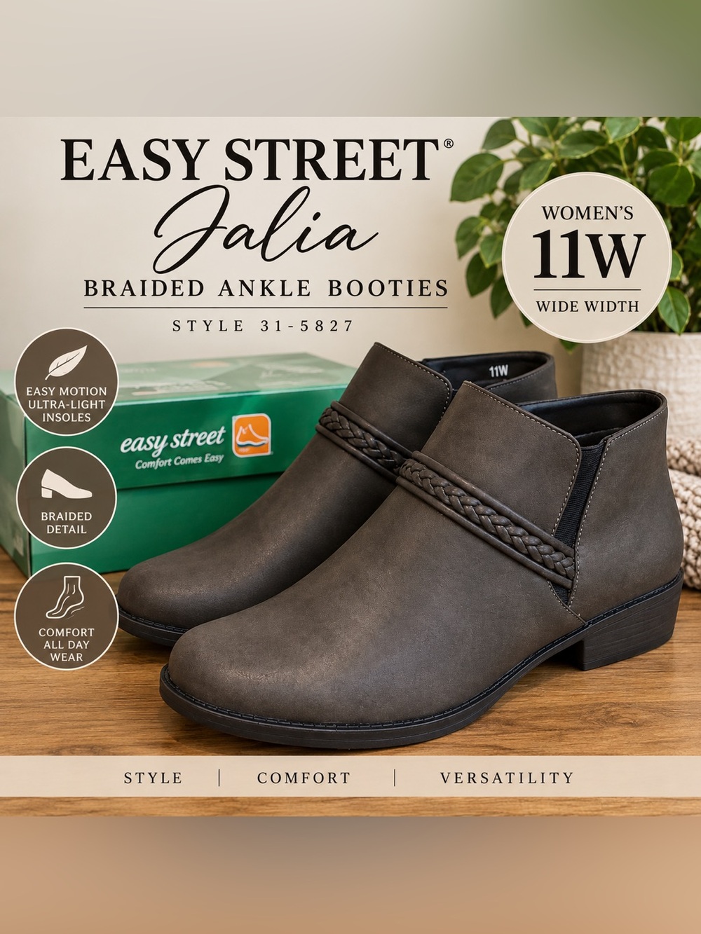 NIB Easy Street Jalia Smoke Braided Ankle Booties 11W 31-5827